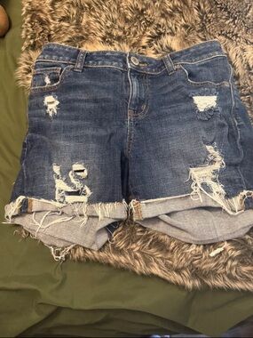 Maurices Distressed Dark Blue Denim Roll-Cuff Shorts